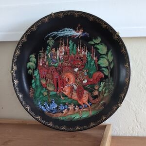 Decorative Black Plate with Colorful Medieval Scene